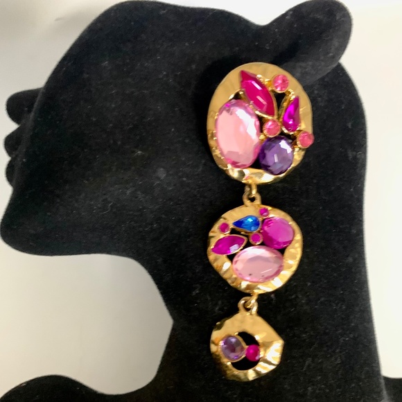 Vintage 90’s PARK LANE 3.5” Long Drop Dangle Earrings Pink Blue Rhinestones Gold - Picture 1 of 6